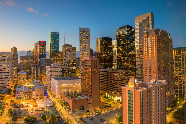 Downtown Houston skyline in Texas USA at twilight Downtown Houston skyline in Texas USA at twilight